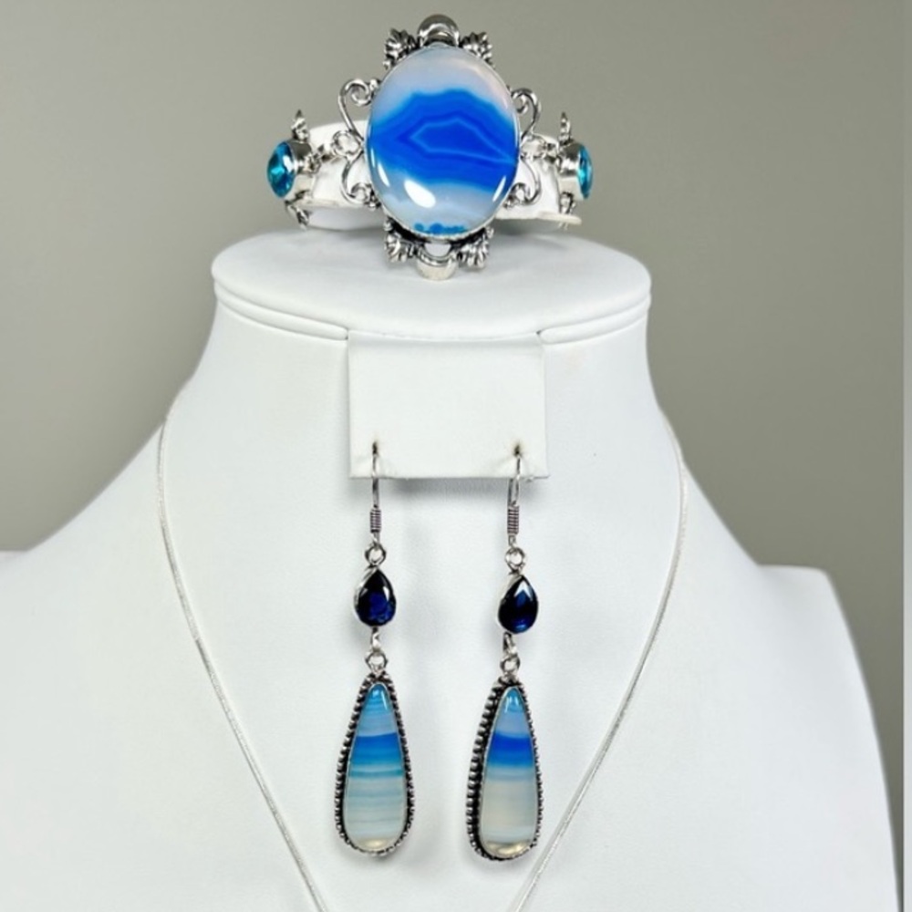 Blue Botswana Agate Pendant Bracelet & Earrings ONLY